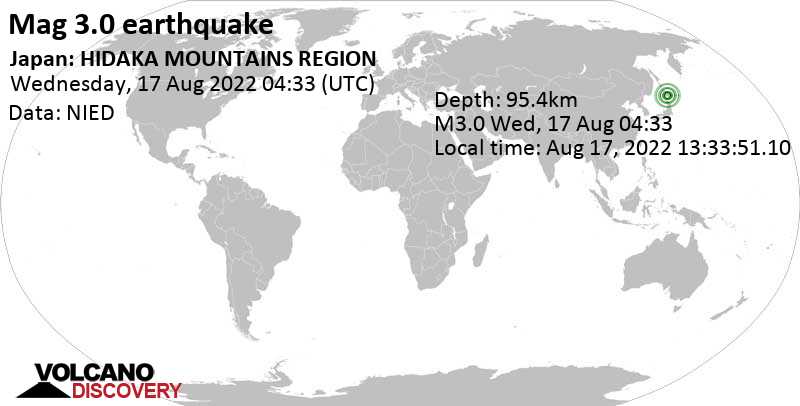Minor mag. 3.0 earthquake - 49 km west of Obihiro, Hokkaido, Japan, on Wednesday, Aug 17, 2022 at 1:33 pm (GMT +9)