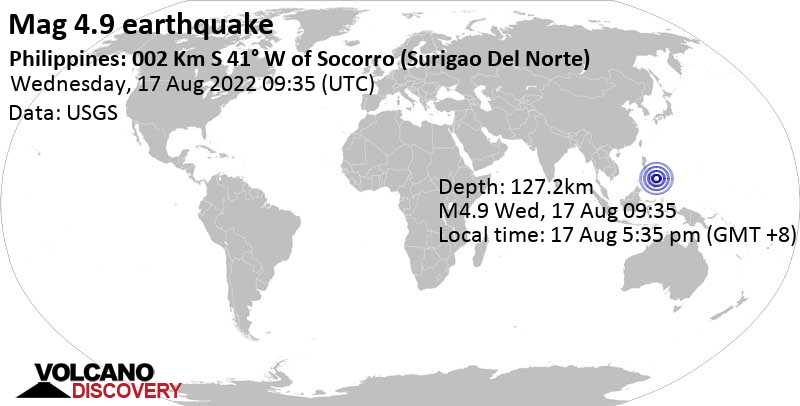 Ελαφρύς σεισμός μεγέθους 4.9 - Philippine Sea, 44 km ανατολικά από Surigao City, Φιλιππίνες, Τετάρτη, 17 Αυγ 2022 17:35 (GMT +8)