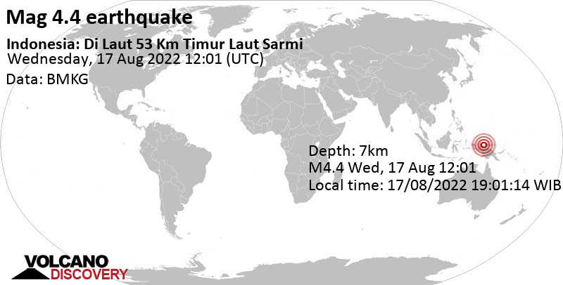 Terremoto moderato mag. 4.4 - South Pacific Ocean, 207 km a nord ovest da Noordwijk, Papua, Indonesia, mercoledì, 17 ago 2022 21:01 (GMT +9)