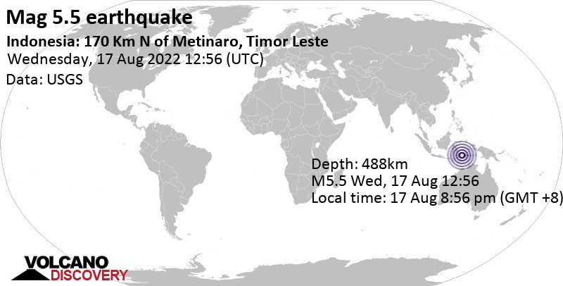 Terremoto moderato mag. 5.5 - Banda Sea, Indonesia, 173 km a nord da Dili, Aveiro, Dili, Timor Est, mercoledì, 17 ago 2022 20:56 (GMT +8)