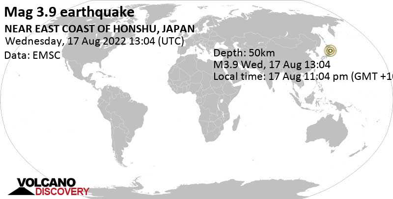Light mag. 3.9 earthquake - North Pacific Ocean, 48 km east of Miyako, Iwate, Japan, on Wednesday, Aug 17, 2022 at 11:04 pm (GMT +10)