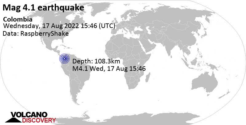 Terremoto leve mag. 4.1 - 25 km WNW of Cartago, Departamento del Valle del Cauca, Colombia, miércoles, 17 ago 2022 10:46 (GMT -5)