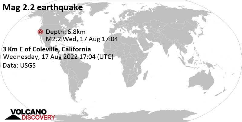 Weak mag. 2.2 earthquake - 3 Km E of Coleville, California, on Wednesday, Aug 17, 2022 at 10:04 am (GMT -7)