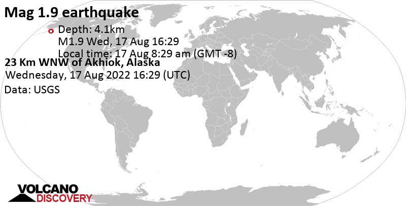 Weak mag. 1.9 earthquake - 23 Km WNW of Akhiok, Alaska, on Wednesday, Aug 17, 2022 at 8:29 am (GMT -8)