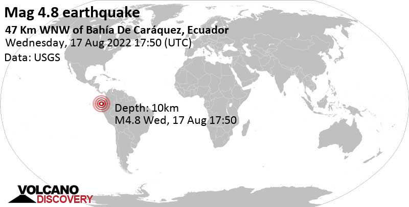 Terremoto moderado mag. 4.8 - South Pacific Ocean, 48 km WNW of Caracas, Ecuador, miércoles, 17 ago 2022 12:50 (GMT -5)