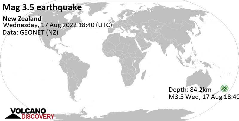 Schwaches Erdbeben Stärke 3.5 - South Pacific Ocean, 210 km nordöstlich von Gisborne, Neuseeland, am Donnerstag, 18. Aug 2022 um 06:40 Lokalzeit