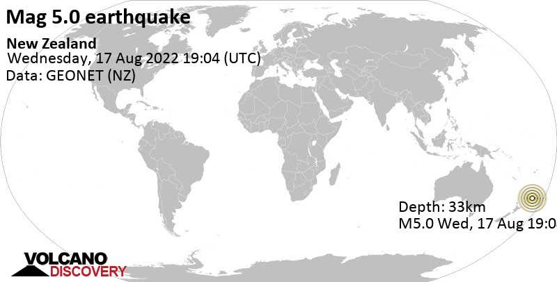 Terremoto moderato mag. 5.0 - South Pacific Ocean, Nuova Zelanda, giovedì, 18 ago 2022 07:04 (GMT +12)