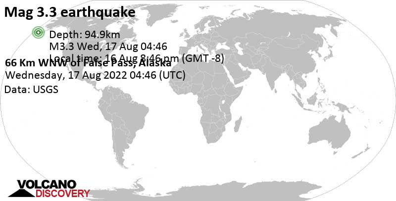 Μικρός σεισμός μεγέθους 3.3 - Bering Sea, 193 km βορειοανατολικά από Unalaska, Aleutians West, Αλάσκα, Ηνωμένες Πολιτείες, Τρίτη, 16 Αυγ 2022 20:46 (GMT -8)