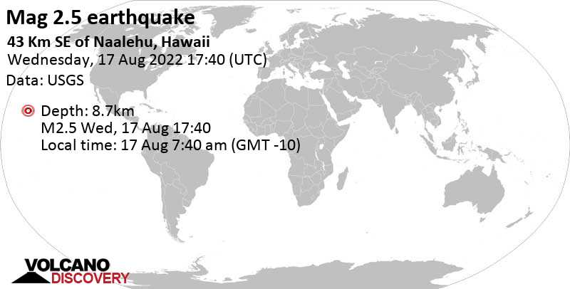 Schwaches Erdbeben Stärke 2.5 - 43 Km SE of Naalehu, Hawaii, am Mittwoch, 17. Aug 2022 um 07:40 Lokalzeit