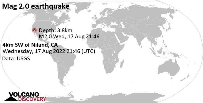 Αδύναμος σεισμός μεγέθους 2.0 - 4km SW of Niland, CA, Τετάρτη, 17 Αυγ 2022 14:46 (GMT -7)