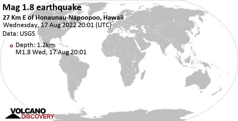 Sehr schwaches Beben Stärke 1.8 - 27 Km E of Honaunau-Napoopoo, Hawaii, am Mittwoch, 17. Aug 2022 um 10:01 Lokalzeit