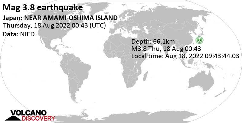 Schwaches Erdbeben Stärke 3.8 - Philippine Sea, 129 km östlich von Naze, Amami Shi, Kagoshima, Japan, am Donnerstag, 18. Aug 2022 um 09:43 Lokalzeit