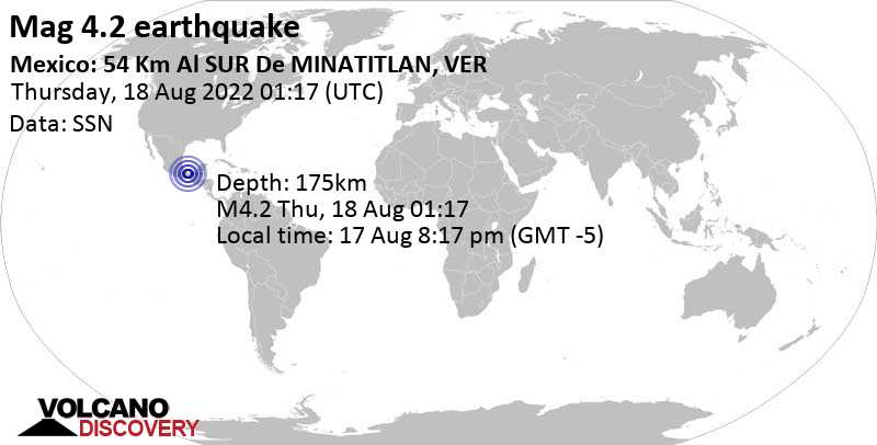 Sismo leggero mag. 4.2 - 55 km a sud da Minatitlan, Veracruz, Messico, mercoledì, 17 ago 2022 20:17 (GMT -5)