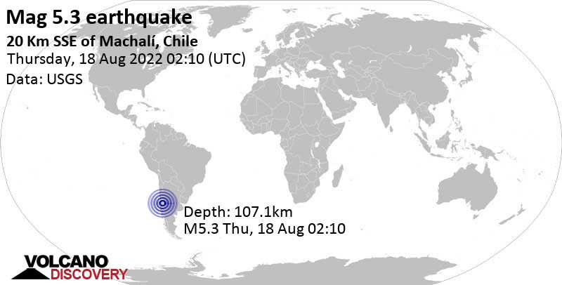 Terremoto moderato mag. 5.3 - 25 km a sud-est da Rancagua, Provincia de Cachapoal, O\'Higgins, Cile, mercoledì, 17 ago 2022 22:10 (GMT -4)