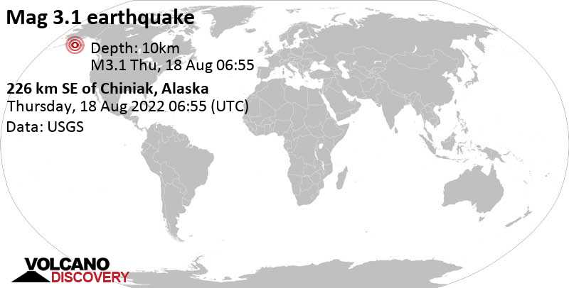 Schwaches Erdbeben Stärke 2.6 - 235 Km SE of Chiniak, Alaska, am Mittwoch, 17. Aug 2022 um 22:55 Lokalzeit