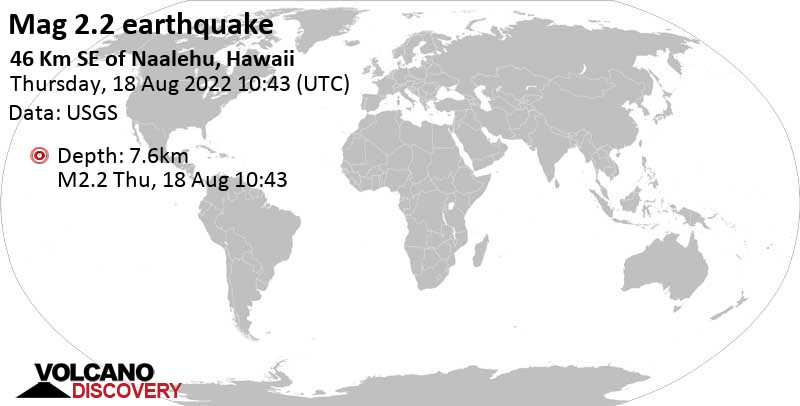 Schwaches Erdbeben Stärke 2.2 - 46 Km SE of Naalehu, Hawaii, am Donnerstag, 18. Aug 2022 um 00:43 Lokalzeit