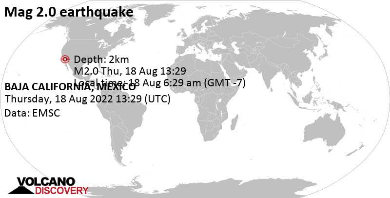 Weak mag. 2.0 earthquake - 5.2 km north of Cereso del Hongo, Tecate, Baja California, Mexico, on Thursday, Aug 18, 2022 at 6:29 am (GMT -7)