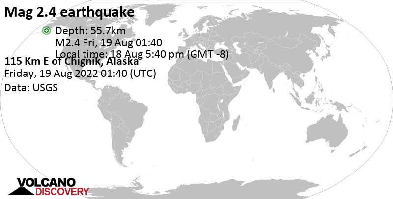 Μικρός σεισμός μεγέθους 2.4 - 115 Km E of Chignik, Alaska, Πέμπτη, 18 Αυγ 2022 17:40 (GMT -8)