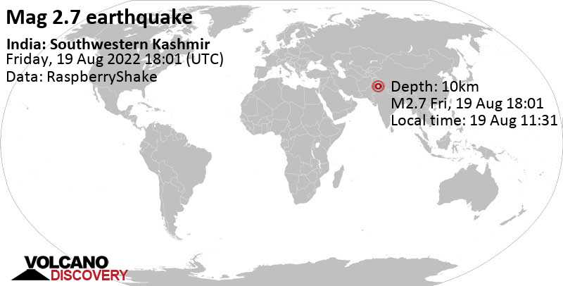 Weak mag. 2.7 earthquake - 16 km north of Fatehgarh Churian, Gurdaspur, Punjab, India, on Friday, Aug 19, 2022 at 11:31 pm (GMT +5:30)