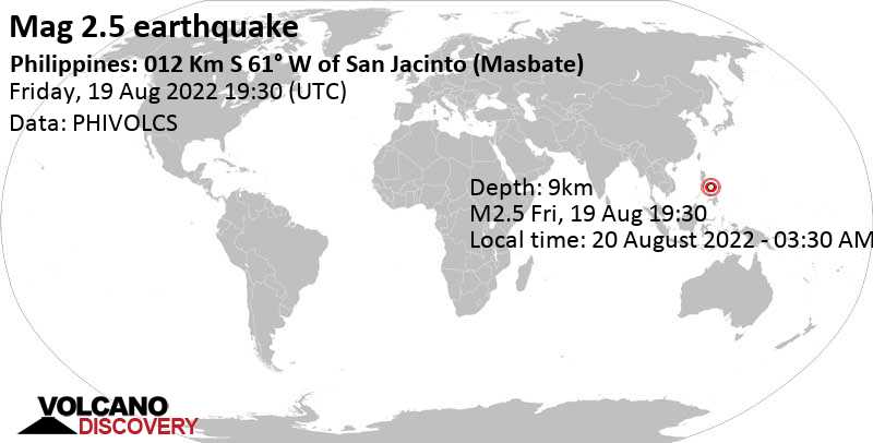 Αδύναμος σεισμός μεγέθους 2.5 - Philippine Sea, 7.2 km ανατολικά από Masbate, Φιλιππίνες, Σάββατο, 20 Αυγ 2022 03:30 (GMT +8)