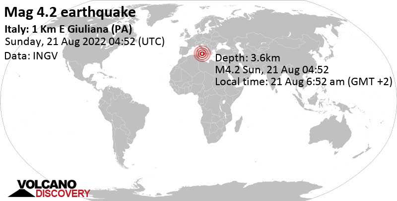 Μέτριος σεισμός μεγέθους 4.2 - 24 km βορειοανατολικά από Sciacca, Ιταλία, Κυριακή, 21 Αυγ 2022 06:52 (GMT +2)