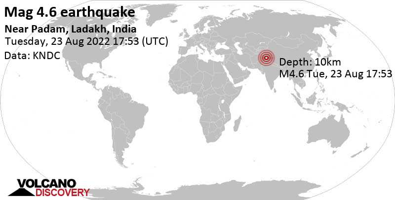 Séisme modéré mag. 4.6 - Ladakh, 94 km au nord-est de Islamabad, Kashmir South, Jammu-et-Cachemire, Inde, mardi, 23 août 2022 23:23 (GMT +5:30)