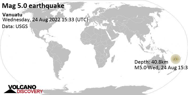 Μέτριος σεισμός μεγέθους 5.0 - Coral Sea, 68 km νοτιοδυτικά από Isangel, Βανουάτου, Πέμπτη, 25 Αυγ 2022 02:33 (GMT +11)