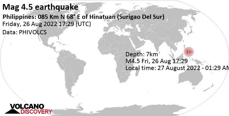 Quake Info Moderate Mag 4 5 Earthquake Philippine Sea 95 Km Northeast Of Bislig City Philippines On Saturday Aug 27 22 At 1 29 Am Gmt 8