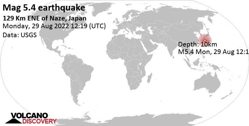 Tremblement de terre fort magnitude 5.4 - Philippine Sea, 129 km au nord-est de Naze, Amami Shi, Kagoshima, Japon, lundi, 29 août 2022 21:19 (GMT +9)