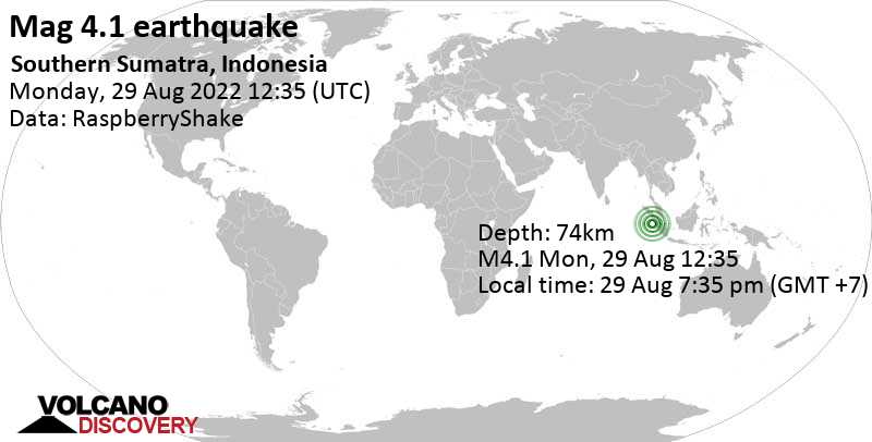 Leichtes Erdbeben der Stärke 4.1 - Indischer Ozean, 155 km westlich von Padang, Sumatera Barat, Indonesien, am Montag, 29. Aug 2022 um 19:35 Lokalzeit
