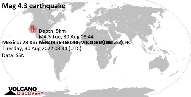 Terremoto moderato mag. 4.3 - 36 km a est da Mexicali, Baja California, Messico, martedì, 30 ago 2022 01:44 (GMT -7)