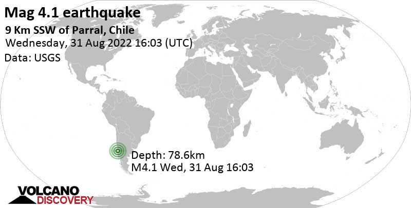Información del terremoto: Light Mag.  Sismo de 4.3 – región del Biobío, 11 km al sur de Parral, Linares, región del Maule, Chile, miércoles 31 de agosto de 2022 a las 12:03 pm (GMT-4)