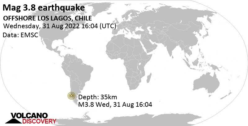 Séisme faible mag. 3.8 - 13 km à l\'ouest de Ancud, Chiloe, Los Lagos, Chili, mercredi, 31 août 2022 12:04 (GMT -4)