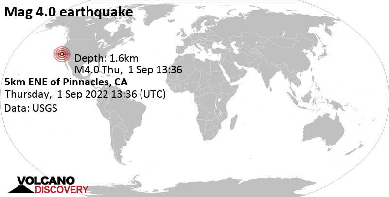 Умеренное землетрясение маг. 4.0 - 25 km к северо-востоку от Соледад, Монтерей County, Калифорния, Соединенные Штаты, Четверг,  1 сен 2022 06:36 (GMT -7)
