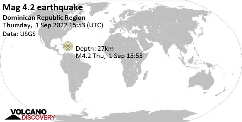 Light mag. 4.2 earthquake - Puerto Plata, 21 km northeast of Santiago de los Caballeros, Dominican Republic, on Thursday, Sep 1, 2022 at 11:53 am (GMT -4)