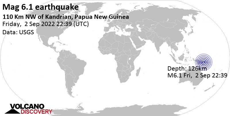 Sismo M 6.1: 160 km al oeste de Kimbe, Papúa Nueva Guinea, sábado,  3 sep 2022 08:39 (GMT +10)