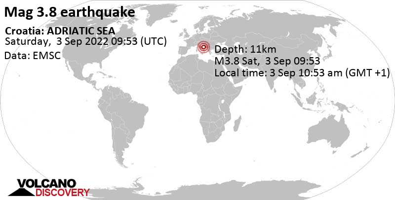 Leichtes Erdbeben der Stärke 3.8 - Adriatisches Meer, 50 km südlich von Komiza, Komiža, Split-Dalmatien, Kroatien, am Samstag,  3. Sep 2022 um 11:53 Lokalzeit
