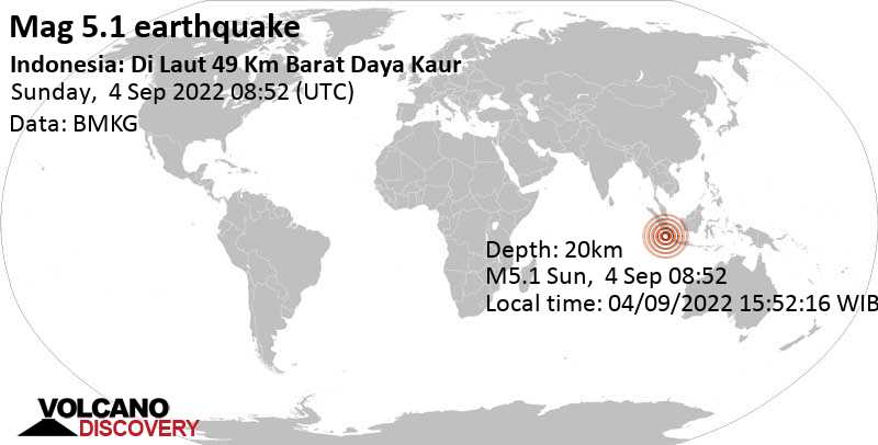 Sismo M 5.1: Indian Ocean, 143 km a sud-est da Benkulu, Bengkulu, Indonesia, domenica,  4 set 2022 15:52 (GMT +7)