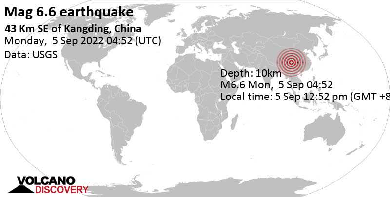 6.6 quake 44 km southeast of Kandin, Garzê Zangzu Zizhizhou, Sichuan, China, Sep 5, 2022 12:52 pm (GMT +8)