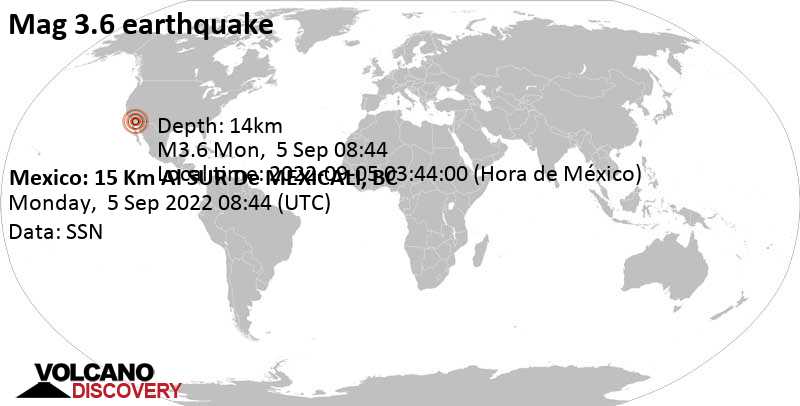 Leichtes Erdbeben der Stärke 3.6 - 11 km südlich von Mexicali, Baja California, Mexiko, am Montag,  5. Sep 2022 um 01:44 Lokalzeit