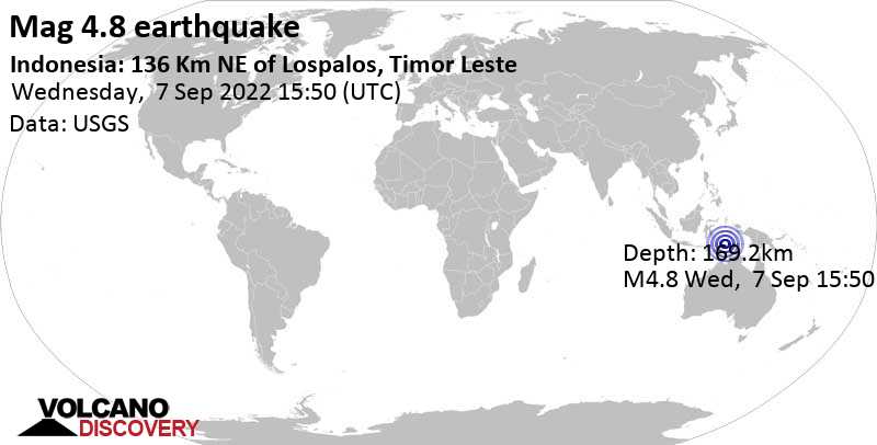 Sismo M 4.8: Banda Sea, Indonesia, 268 km a nord est da Dili, Aveiro, Dili, Timor Est, giovedì,  8 set 2022 00:50 (GMT +9)