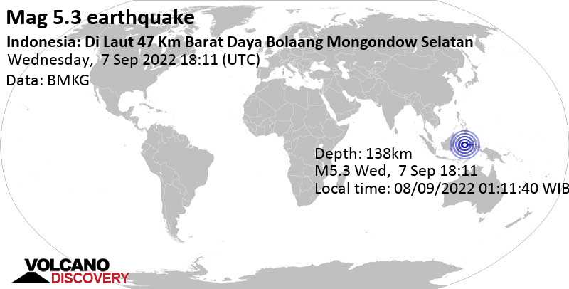 Sismo M 5.3: Molucca Sea, 102 km a sud-est da Gorontalo, Indonesia, giovedì,  8 set 2022 02:11 (GMT +8)