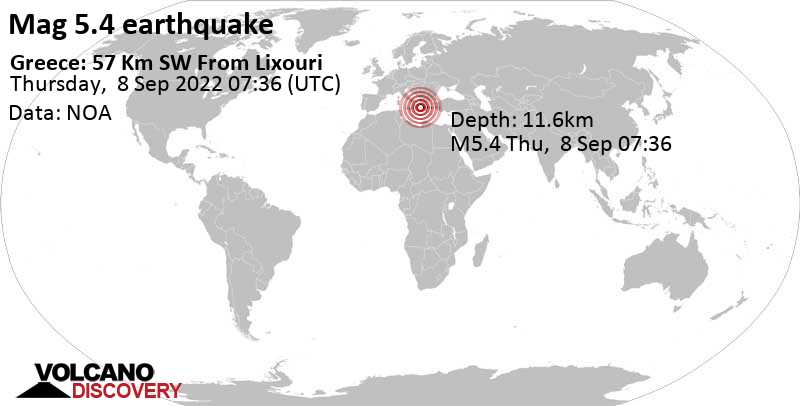 Сильное землетрясение магнитудой 5.4 - Ионическое море, 60 km к юго-западу от Argostoli, Греция, Четверг,  8 сен 2022 10:36 (GMT +3)