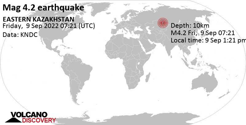 Moderate mag. 4.2 earthquake - 96 km southeast of Aqsū, Pavlodar Region, Kazakhstan, on Friday, Sep 9, 2022 at 1:21 pm (GMT +6)