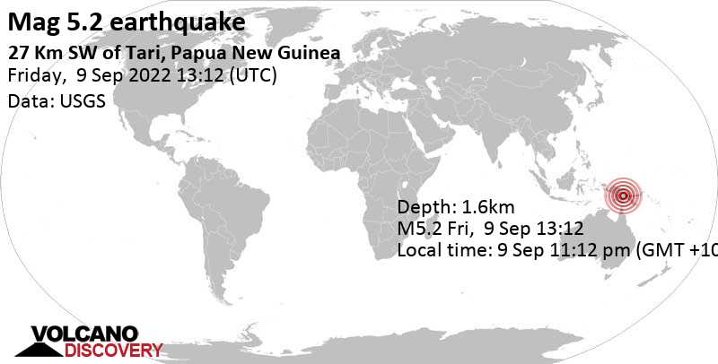 Sismo M 5.2: 97 km a ovest da Mendi, Southern Highlands Province, Papua Nuova Guinea, venerdì,  9 set 2022 23:12 (GMT +10)