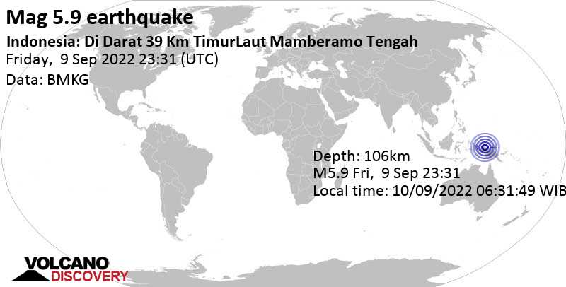 Sismo M 5.9: 273 km a ovest da Noordwijk, Papua, Indonesia, sabato, 10 set 2022 08:31 (GMT +9)