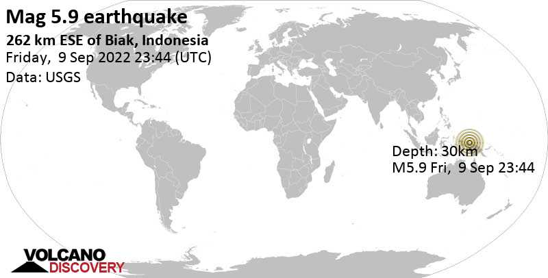 Sismo M 5.9: 282 km al oeste de Noordwijk, Papua, Indonesia, sábado, 10 sep 2022 08:44 (GMT +9)