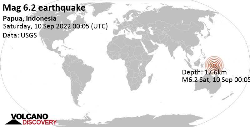 6.2 quake 284 km west of Noordwijk, Papua, Indonesia, Sep 10, 2022 9:05 am (GMT +9)