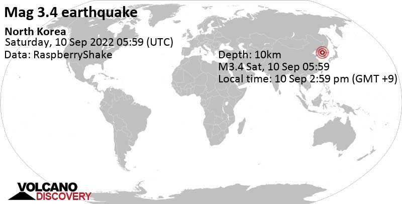 Terremoto leve mag. 3.4 - 26 km SSW of Gensan, Kangwŏn-do, North Korea, sábado, 10 sep 2022 14:59 (GMT +9)
