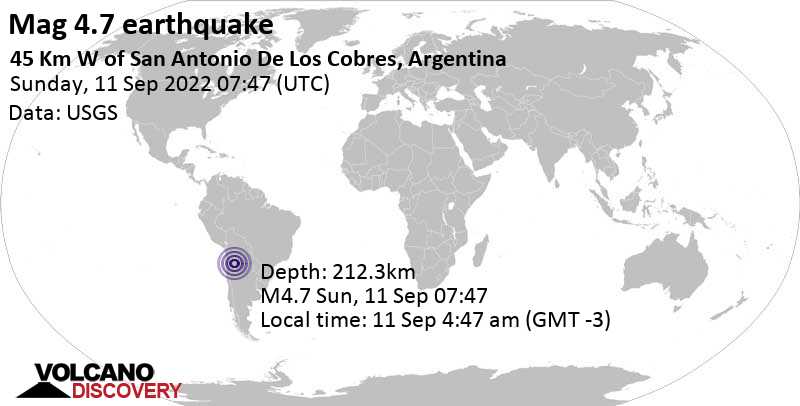 Sismo M 4.7: 45 km a ovest da San Antonio de los Cobres, Departamento de Los Andes, Salta, Argentina, domenica, 11 set 2022 04:47 (GMT -3)